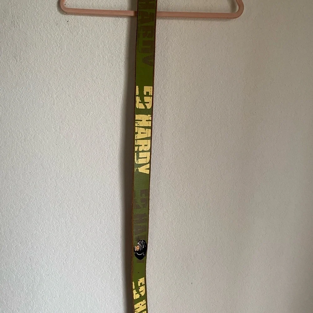 Vintage Ed Hardy Y2K Green Yellow Graphic Edgy Distressed Leather Panther Belt